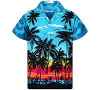 V.H.O., camicia hawaiana eccentrica, da uomo, a maniche corte, con taschino frontale, stampa hawaiana, palme e mare Beach turchese. XL