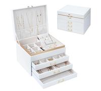 V-LAFUYLIFE Portagioie da donna, organizer per gioielli in pelle a 4 strati con 3 cassetti, grandi scatole per gioielli, molto spazio per anelli, collane, bracciali, orecchini (bianco)