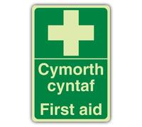V Safety First Aid Sign - 300 x 450 mm - Gallese/Inglese - Vinile Triple | Vinile autoadesivo fosforescente, triplo bagliore, per segnaletica di pronto soccorso, prodotto in Gran Bretagna