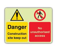 V Safety Glow In The Dark Danger Construction Site Keep Out - No Unauthorised Access Sign - 600 x 450 mm - Realizzato in plastica rigida Double Glow - Segnaletica di pericolo - Made in Britain