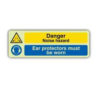 V Safety Glow In The Dark Danger Noise Hazard - Protezione per le orecchie - 750 x 250 mm - Realizzato in plastica rigida Triple Glow - Segnaletica di pericolo - Made in Britain