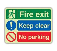 V Safety Glow In The Dark Fire Exit - Keep Clear - No Parking Sign - 300 x 225 mm - Realizzato in vinile autoadesivo Double Glow - Segnaletica antincendio - Made in Britain