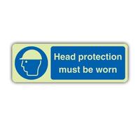 V Safety Head Protection Must Be Worn Sign - 600 x 200 mm | Vinile autoadesivo fosforescente, triplo bagliore, segnaletica obbligatoria di sicurezza, prodotta in Gran Bretagna