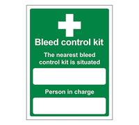 V Safety - Kit di controllo dello spurgo con scritta "The Nearest Bleed Control", verticale, 300 x 400 mm, in vinile autoadesivo fosforescente