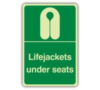 V Safety Lifejacket Under Seats Sign - 200 x 300 mm - vinile a doppia luce | Vinile autoadesivo che si illumina al buio, con doppia luce, segnaletica di sicurezza marina, prodotta in Gran Bretagna