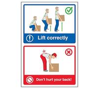 V Safety Lift Correctly/Don't Hurt Your Back! 300 x 400 mm - Cartello di sicurezza autoadesivo in vinile che si illumina al buio