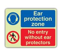 V Safety Photoluminescent Ear Protection Zone - No Entry Without Ear Protectors Cartello di sicurezza - 600 x 450 mm - 1,2 mm plastica rigida - Double Glow