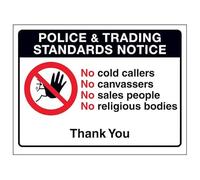 V Safety Police & Trading Standards Notice, No Cold Callers...Thank You, 150 x 100 mm, vinile autoadesivo, segnale di sicurezza effetto alluminio