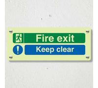V Safety - Segnale di sicurezza fotoluminescente Fire Exit, Keep Clear, Dual Icon, 600 x 200 mm, vinile autoadesivo, bagliore standard