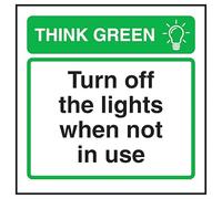 V Safety Think Green Turn Off The Lights When Not in Use 100 x 100 mm - Cartello di sicurezza autoadesivo in vinile