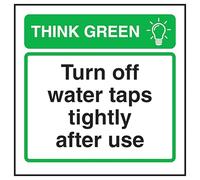 V Safety Think Green Turn Off Water Taps Tightly After Use 100 x 100 mm - Cartello di sicurezza composito in alluminio spazzolato da 3 mm