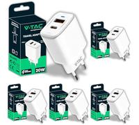 V-TAC Caricatore Rapido 20W USB-C per Iphone e Samsung - Ultra Veloce per Smartphone e Dispositivi - 2 Porte Type C e USB A per Iphone 13/14 / 15/16 PRO/MAX e Galaxy S24 / S25 / S26 (Confezione da 5)