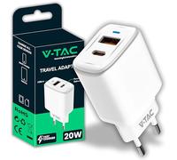 V-TAC Caricatore Rapido USB-C 20W per Iphone e Samsung - [SUPER PICCOLO] - per Smartphone e Dispositivi - 2 Porte: Type C + USB A - Compatibile Iphone 14/15/16/17 PRO/MAX e Galaxy S25 / S26 / A56