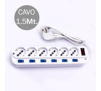 V-TAC Multipresa MULTII-LED8739 Bipasso/Schuko 6 posti con interruttori singoli e cavo 1,5 m Bianco