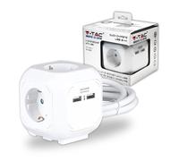 V-TAC Multipresa Cubica con Cavo 14 m 4 Prese Schuko e 2 USB e Spina Schuko Colore Bianco