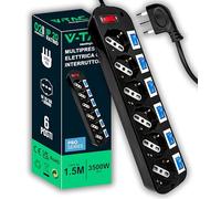 V-TAC Multipresa Elettrica Nera 6 POSTI con Interruttori Indipendenti - 6 Prese 10/16A Bipasso + Schuko - Spina 16A - Ciabatta - Presa Elettrica per Casa, Ufficio, Negozio - Colore Nero