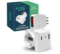 V-TAC Multipresa Elettrica USB C Power Delivery 20W + Porta USB A + 1 Presa Laterale 10/16A Bipasso e 1 Frontale 10/16A Bipasso Schuko - Adatatore Multipresa Type-C per Casa, Ufficio