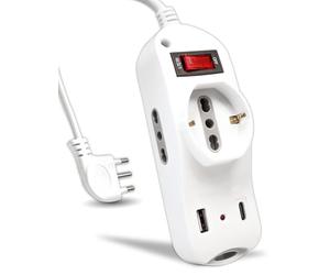V-TAC Multipresa Elettrica USB C Power Delivery 20W + Porta USB A + 2 Prese Laterali 10/16A Bipasso e 1 Frontale 10/16A Bipasso Schuko - Ciabatta Type-C - Presa per Casa, Ufficio - Spina 16A