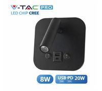 V-TAC PRO Applique LED CREE 8W Con Faretto Orientabile con USB-PD 20W Nera 3000K