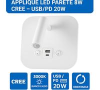 V-TAC PRO Applique LED Parete 8W CREE Orientabile con USB/PD 20W 3000K Bianco [EEK: F]