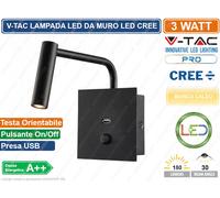 V-TAC PRO VT-2943 LAMPADA DA MURO APPLIQUE LED CREE 3W COLORE NERO CON USB