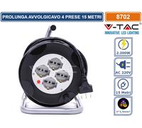 V-TAC Prolunga avvolgibile PROLV-LED8702 15 m Spina ITA 16A 4 prese Bipasso/Schuko