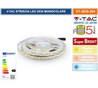 Striscia 12V, bianco naturale 4000K, 5 metri, SMD2835, 17W/m, 204 led/m, V-tac [EEK: F]