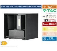 V-TAC Lampada LED da Muro Quadrata Doppio LED COB 11W Colore Nero Satinato Fascio Luminoso Regolabile 3000K IP65