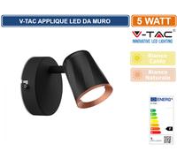 V-Tac Vt-806 Faretto Lampada Led 5w Da Parete Nero Orientabile Luce Da Muro Bianco Naturale 4000k - Sku 218253