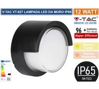 V-TAC VT-827 LAMPADA APPLIQUE LED A MURO 12W WALL LIGHT COLORE NERO ROTONDA IP65 [EEK: A+]