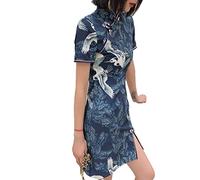 Vaax Abito Cheongsam Migliorato,Abito Cheongsam Blu Navy retrò Maniche Corte Mini Abito Sexy Orientale Giapponese Gru Qipao Elegante Abito da Cocktail Aderente Abito da Sera Etnico per Ragazze Donne