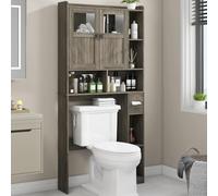 Vabches Armadietto portaoggetti sopra il WC, mensola da bagno sopra il WC con ante in vetro e ripiani regolabili, grigio autoportante per la casa, salvaspazio, per bagno, lavanderia