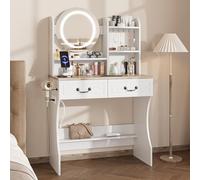 Vabches Scrivania con specchio e luci, scrivania per trucco con stazione di ricarica, 3 modalità di illuminazione e luminosità regolabile, tavolo da toeletta con 2 cassetti, per camera da letto e
