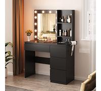 Vabches Vanità per trucco con luci, scrivania da 94 cm con striscia elettrica, 4 cassetti tavolo da trucco con specchio illuminato, 3 colori di illuminazione, nero