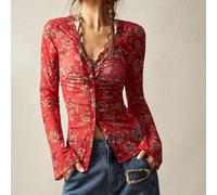 Vacanza estiva, top da donna con grafica floreale boho vintage in maglia con pizzo, scollo a V e maniche a campana, per uso quotidiano, concerti country e feste L,M,S,XL,XS,XXL,XXS,XXXL,XXXXLFlorealeT