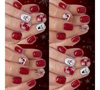 Vacanza Glitters Press On Nails Fiocco di Neve Rosso Lucido Piazza Punte 48Pcs ABS Unghie Finte Per Il Partito Manicure Glitters Press On Nail Set Festa di