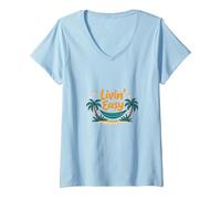 Vacanza sull'amaca sulla Spiaggia Tropicale Livin' Easy Maglietta con Collo a V, Donna, Celeste, XXL