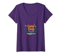 Vacanza sull'amaca sulla Spiaggia Tropicale Livin' Easy Maglietta con Collo a V, Donna, Viola, L