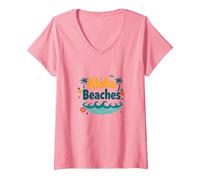 Vacanze estive del Paradiso Tropicale di Aloha Spiagge Maglietta con Collo a V, Donna, Rosa, S