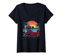 Vacanze estive di Old Glory Maglietta con Collo a V, Donna, Nero, L