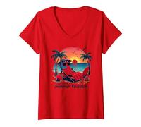 Vacanze estive di Old Glory Maglietta con Collo a V, Donna, Rosso, L