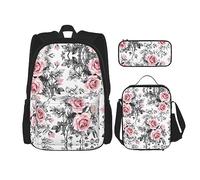 vacsAX Alien Smoke - Zaino impermeabile leggero (set da 3 pezzi) con borsa per il pranzo, astuccio per ufficio e scuola, Rosa Floreale Acquerello Bianco, Taglia unica