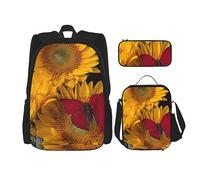 vacsAX Alien Smoke - Zaino impermeabile leggero (set da 3 pezzi) con borsa per il pranzo, astuccio per ufficio e scuola, Girasoli gialli con farfalla rossa, Taglia unica