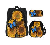 vacsAX Alien Smoke - Zaino impermeabile leggero (set da 3 pezzi) con borsa per il pranzo, astuccio per ufficio e scuola, Girasoli gialli con farfalle blu, Taglia unica