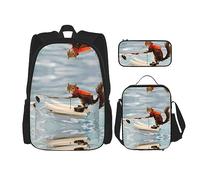 vacsAX Animal Rhino Zaino impermeabile leggero (set da 3 pezzi) con borsa per il pranzo, astuccio per ufficio e scuola, Sci Acquatico Fox Scoiattolo, Taglia unica
