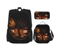 vacsAX Animal Rhino Zaino impermeabile leggero (set da 3 pezzi) con borsa per il pranzo, astuccio per ufficio e scuola, Bandiera americana con stivali da cowboy, Taglia unica, moderno