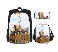 vacsAX Animal Rhino Zaino impermeabile leggero (set da 3 pezzi) con borsa per il pranzo, astuccio per ufficio e scuola, Safari con animali, Taglia unica