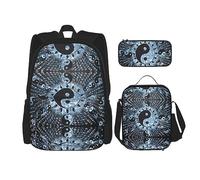 vacsAX Animal Rhino Zaino impermeabile leggero (set da 3 pezzi) con borsa per il pranzo, astuccio per ufficio e scuola, Diagramma Ying Yang, Taglia unica