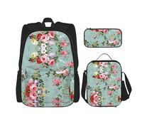 vacsAX Animal Rhino Zaino impermeabile leggero (set da 3 pezzi) con borsa per il pranzo, astuccio per ufficio e scuola, Fiori vintage, Taglia unica