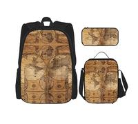 vacsAX Animal Rhino Zaino impermeabile leggero (set da 3 pezzi) con borsa per il pranzo, astuccio per ufficio e scuola, Vintage Vecchio Mappa Del, Taglia unica